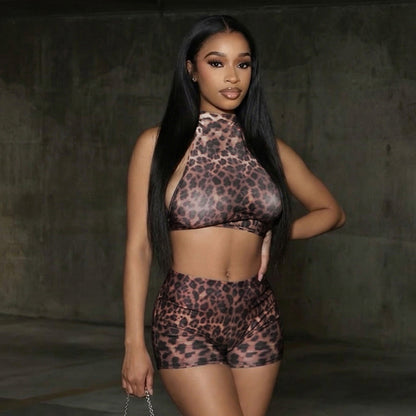 DZHT J26ST137 leopard print halter backless lace-up top tight shorts two-piece suit