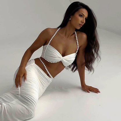 SXR autumn and winter Pearl decorative navel wrapped chest low waist hip-wrapped long skirt suit