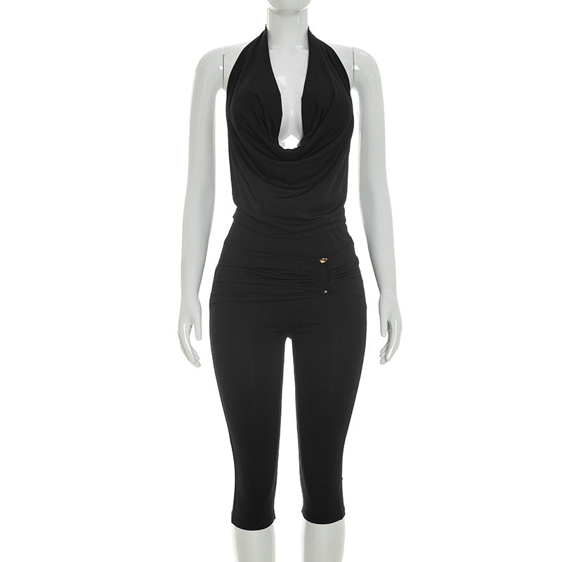 DZHT J26ST138 mesh lace-up backless halter spaghetti straps tight cropped pants two-piece suit
