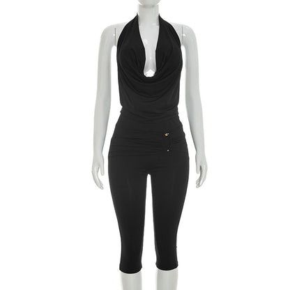DZHT J26ST138 mesh lace-up backless halter spaghetti straps tight cropped pants two-piece suit