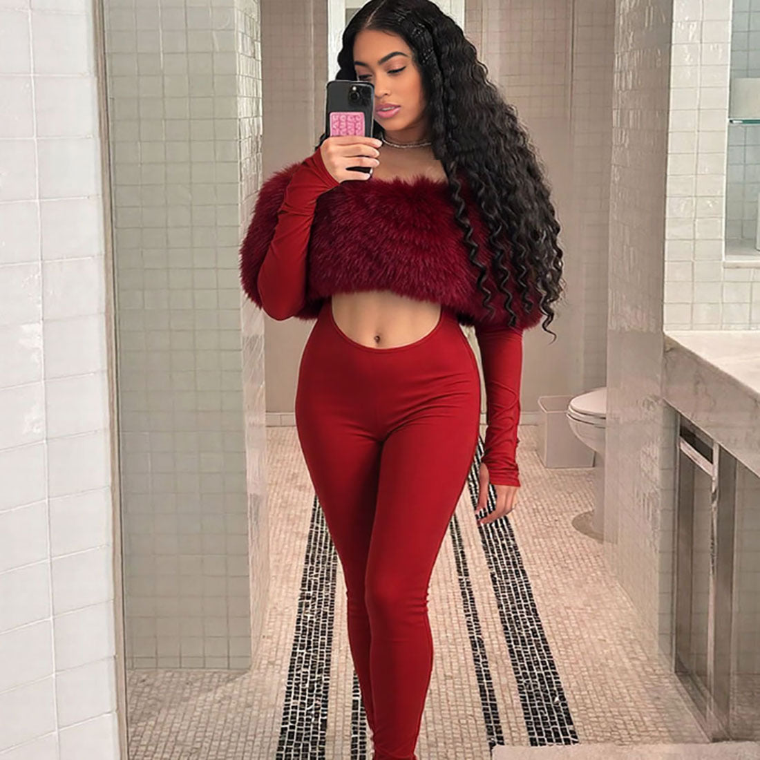 SXR autumn and winter off-shoulder furry stitching midriff-baring long sleeve jumpsuit