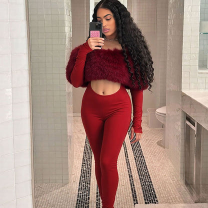 SXR autumn and winter off-shoulder furry stitching midriff-baring long sleeve jumpsuit