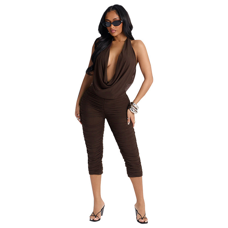 DZHT C26ST071 swing collar backless pleated mesh halter cropped pants suit