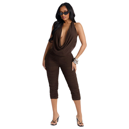 DZHT C26ST071 swing collar backless pleated mesh halter cropped pants suit