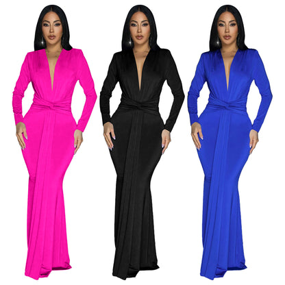 MYF (S-2XL) 061 long dress autumn and winter long sleeve fitted waist pleated dress