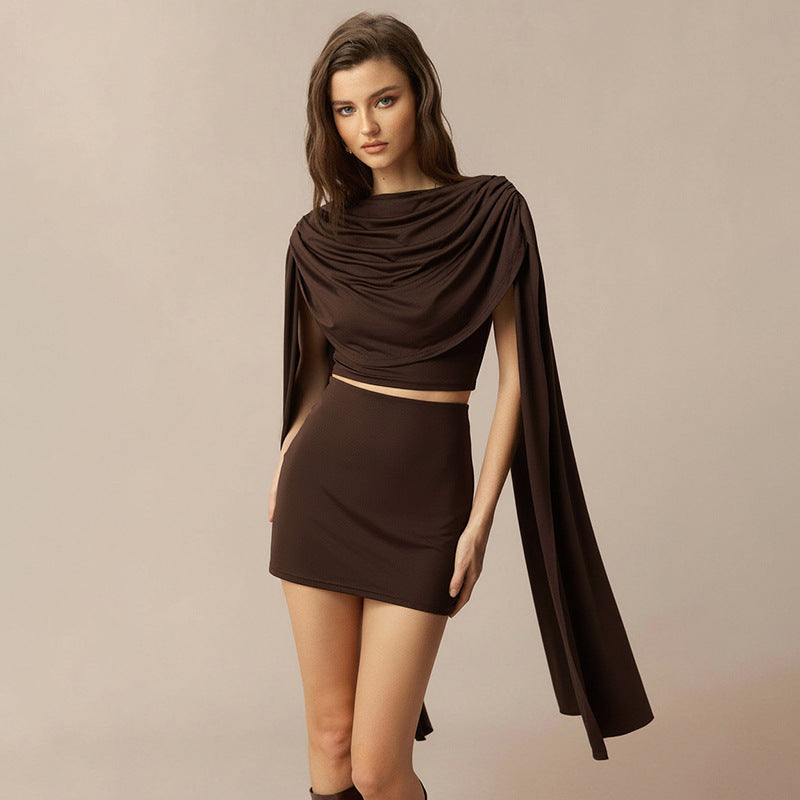 DZHT C25ST414 swing collar design shawl pleated top and skirt suit