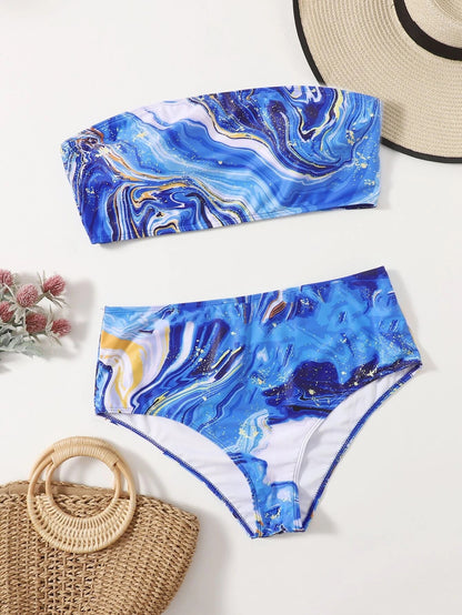 LF (L-4XL) women's split color printing swimsuit plus size