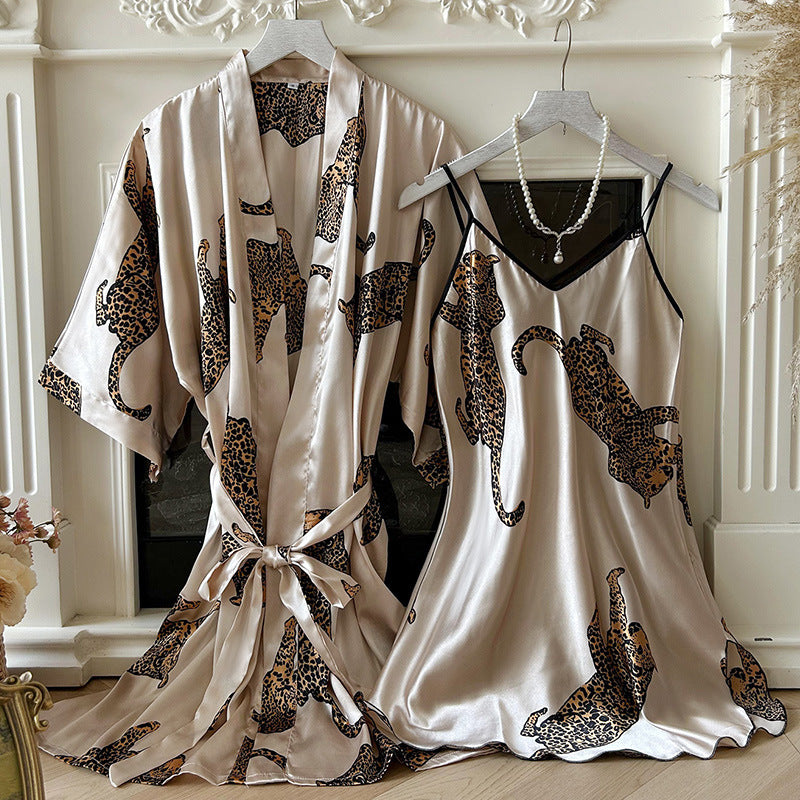 DNL imitated silk pajamas V-neck long slip nightdress two-piece pajamas suit