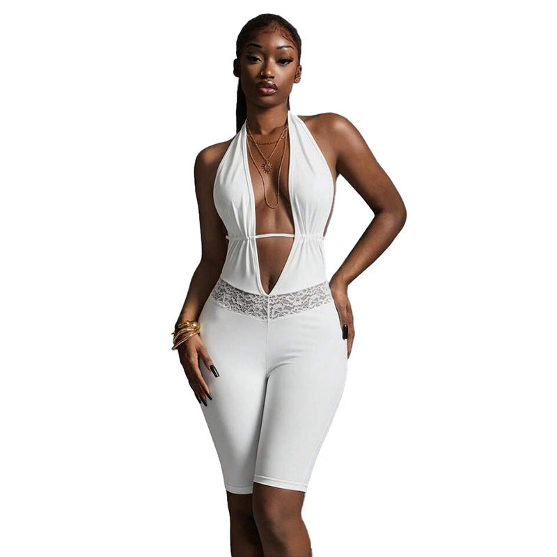 DZHT J26JP216 halter backless lace-up deep V-neck waist stitching lace five-point jumpsuit