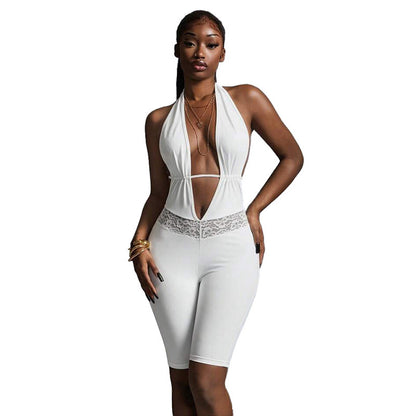 DZHT J26JP216 halter backless lace-up deep V-neck waist stitching lace five-point jumpsuit