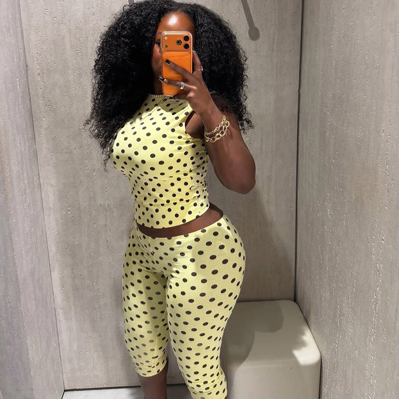 SXR K6S07350A polka dot sleeveless backless top slim cropped pants suit