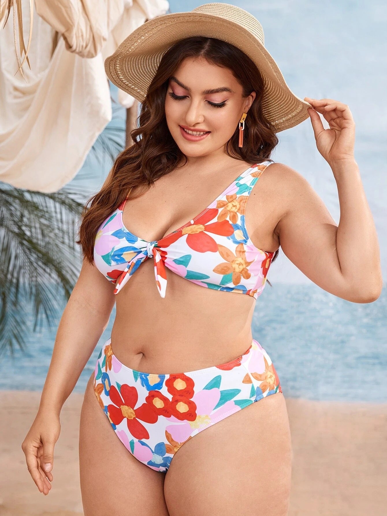 LF (L-4XL) women's split color printing swimsuit plus size
