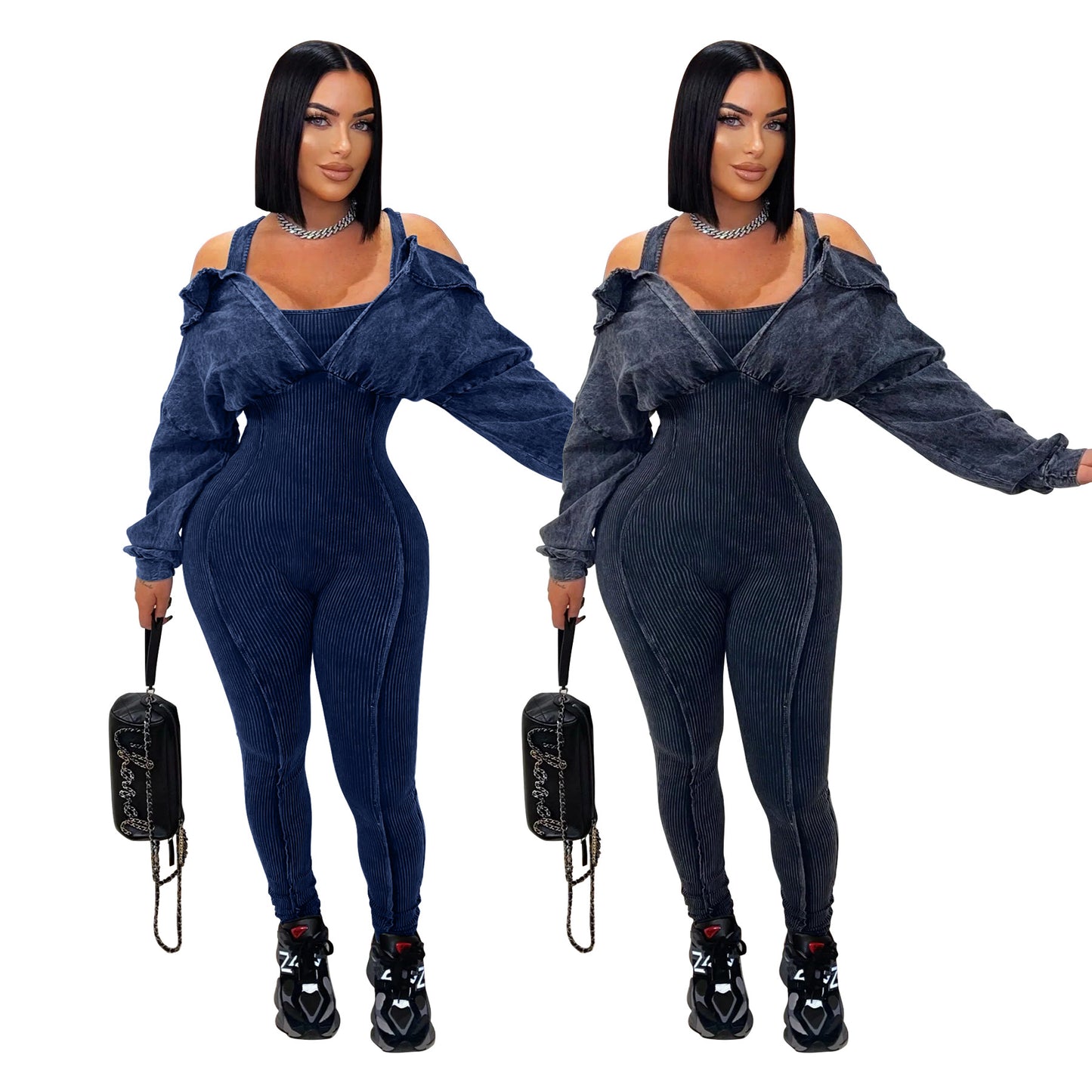 MYF (S-2XL) K10820 cold-shoulder bodycon jumpsuit