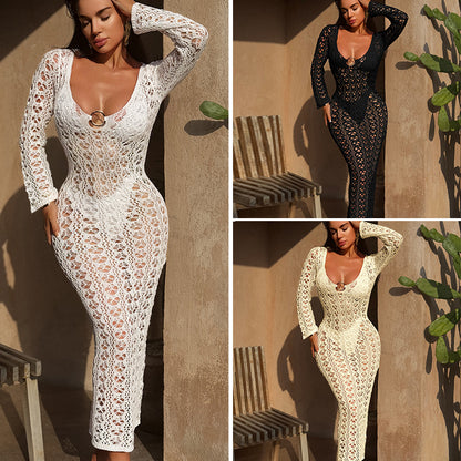 CYB knitted backless metal ring lace-up blouse beach sun shield Hanfu long robe