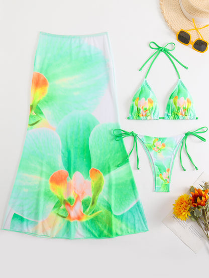(4 days ready to ship) SY customized printing large floral three-piece set mesh long dress bikini