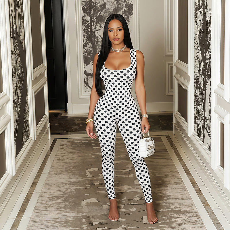SXR K6Q08484A summer backless sleeveless polka dot printed jumpsuit