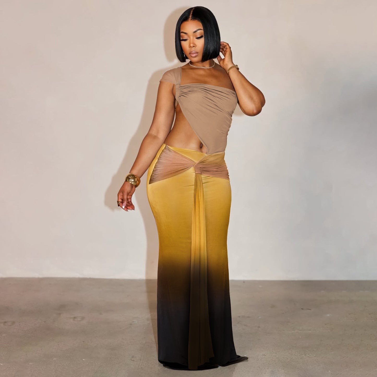 MYF (S-2XL) 10877 midriff outfit gradient dress one-shoulder dress summer