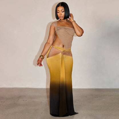 MYF (S-2XL) 10877 midriff outfit gradient dress one-shoulder dress summer