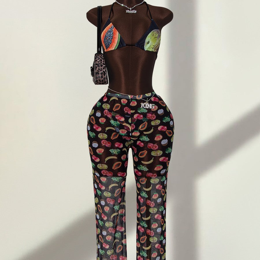 (4 days ready to ship) SY 2026 printed three-piece set halter lace-up bikini