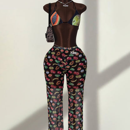 (4 days ready to ship) SY 2026 printed three-piece set halter lace-up bikini