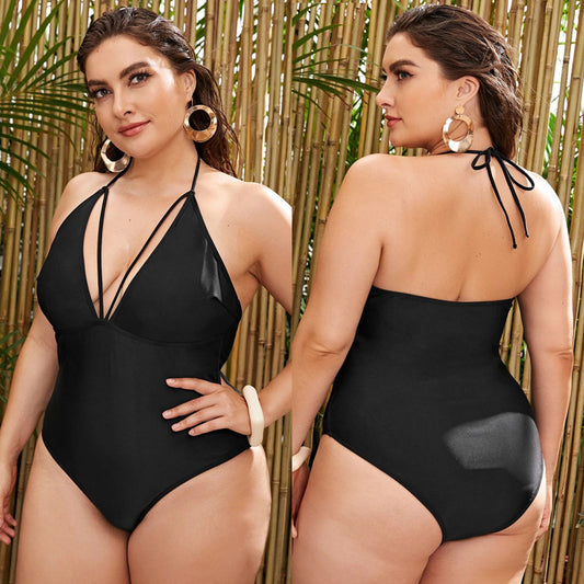 LF (L-4XL) women's one-piece solid color black sexy swimsuit plus size