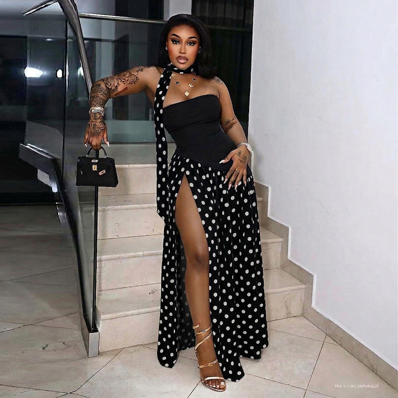 DZHT J26DS142 summer stitching polka dot halter ribbon tube top high slit dress