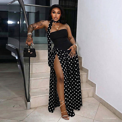DZHT J26DS142 summer stitching polka dot halter ribbon tube top high slit dress