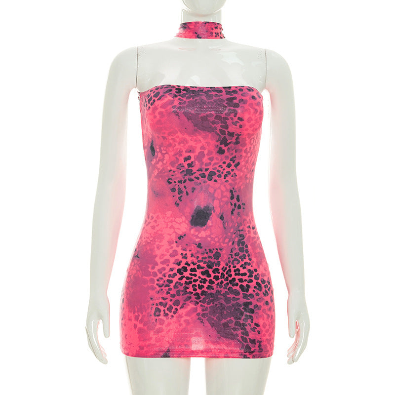 DZHT D26DS171 leopard print blooming printing gilded halter tube top tight dress short skirt