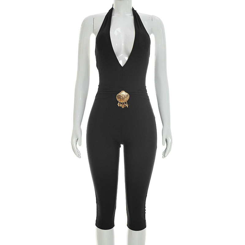 DZHT D26JP165 all-match deep V halter lace-up tight one-piece cropped pants