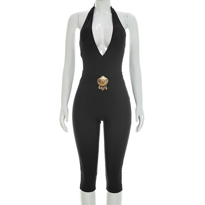 DZHT D26JP165 all-match deep V halter lace-up tight one-piece cropped pants