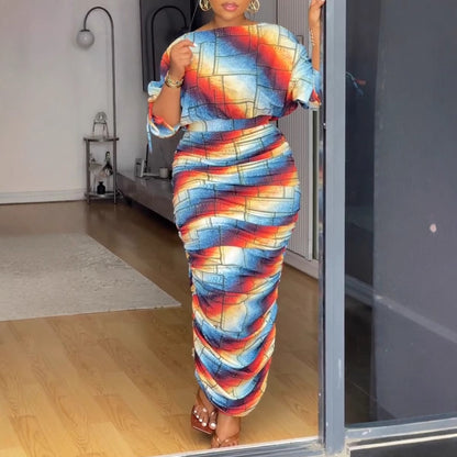GY (S-3XL) S10910 printed pleating Raglan long sleeves skirt two-piece set