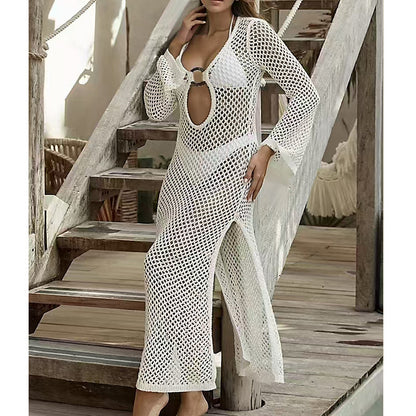 CYB beach dress long sleeve sun protection clothing side slit knitted dress