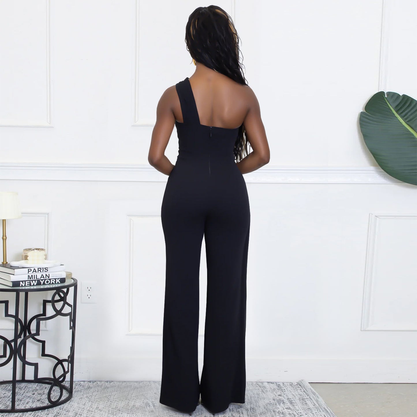 XYZ C7505 summer elegance decorative buckle oblique shoulder jumpsuit