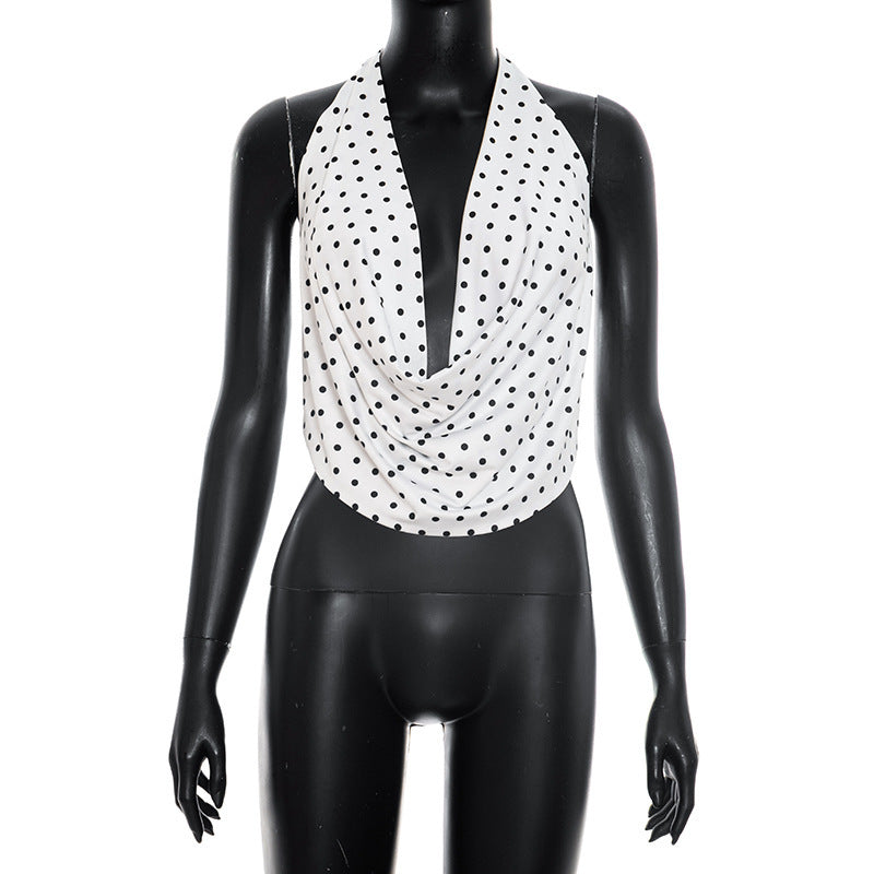 DZHT D26TP190 polka dot print halter swing collar backless rope top