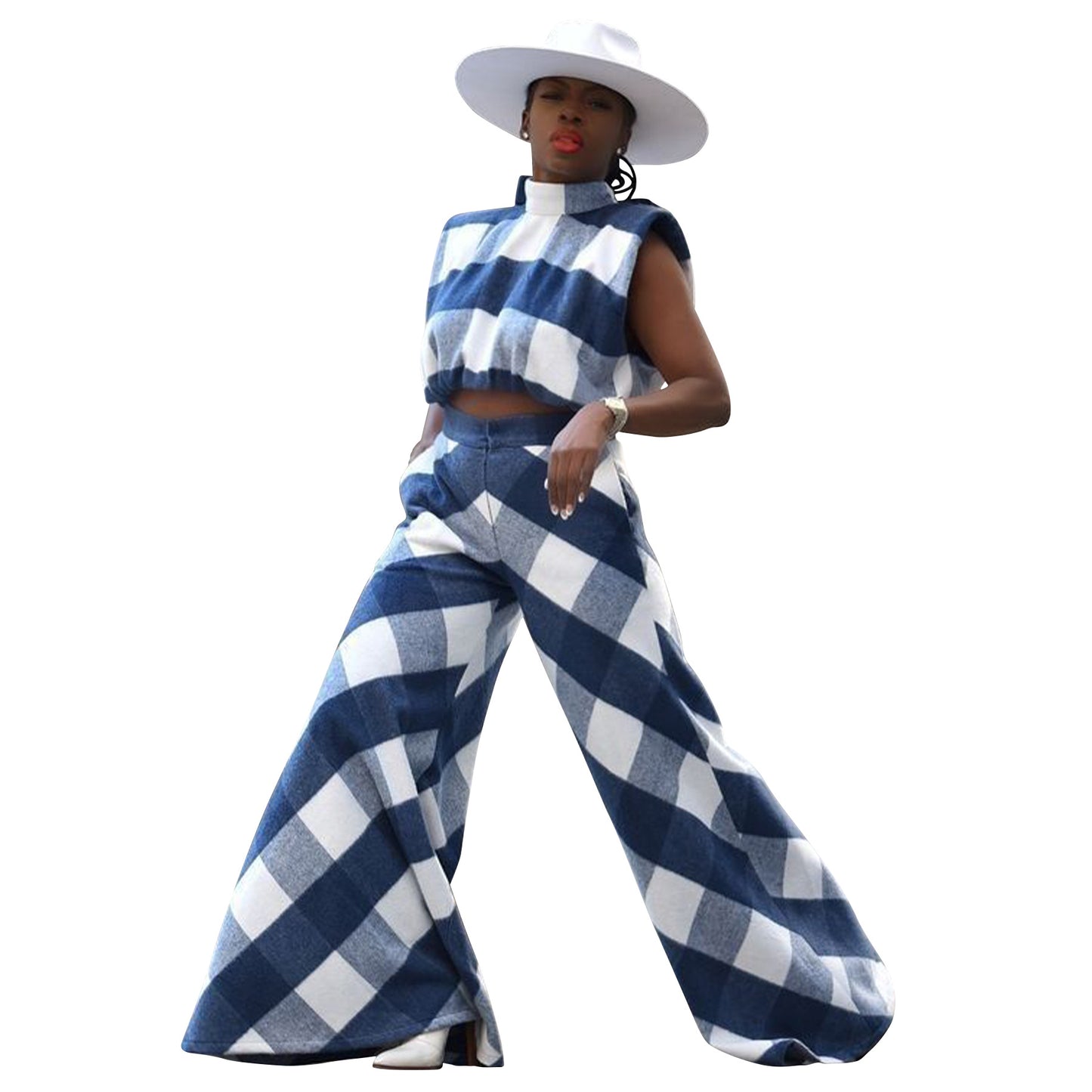 MYF (S-2XL) 10950 suede plaid loose wide leg pants sleeveless suit