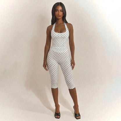 DZHT J26ST102 polka dot print lace-up halterneck Suspender top tight cropped pants two-piece suit