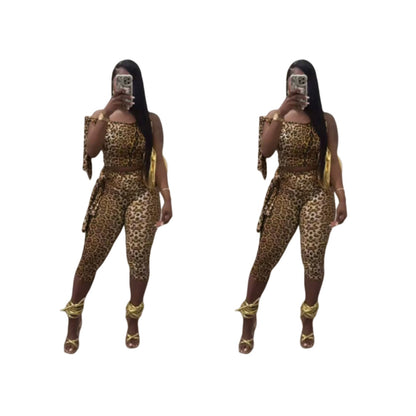 MZ (S-2XL) leopard print MZ88617 stretch lace-up cropped pants suit