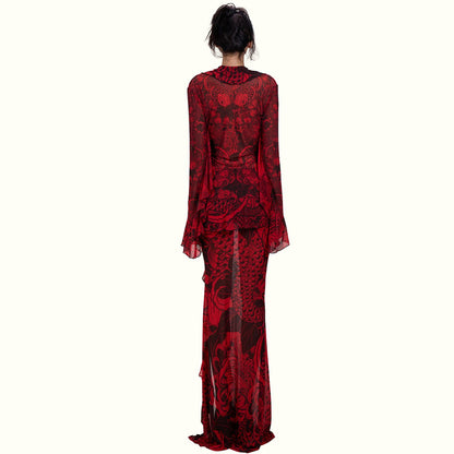 DLS Spring vintage lace bell sleeve sexy deep V-neck slightly transparent high slit skirt suit