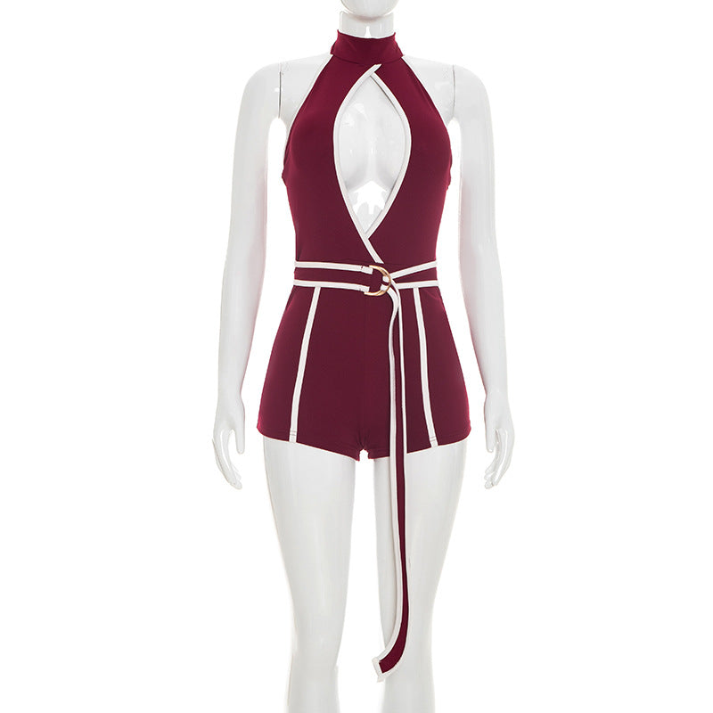 DZHT J26RP146 summer contrast color halter strap one-piece shorts