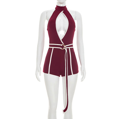 DZHT J26RP146 summer contrast color halter strap one-piece shorts
