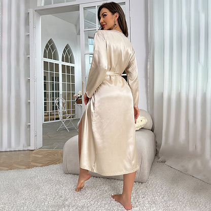 DNL emulation silk nightgown women's long sleeve long tie bathrobe morning gowns