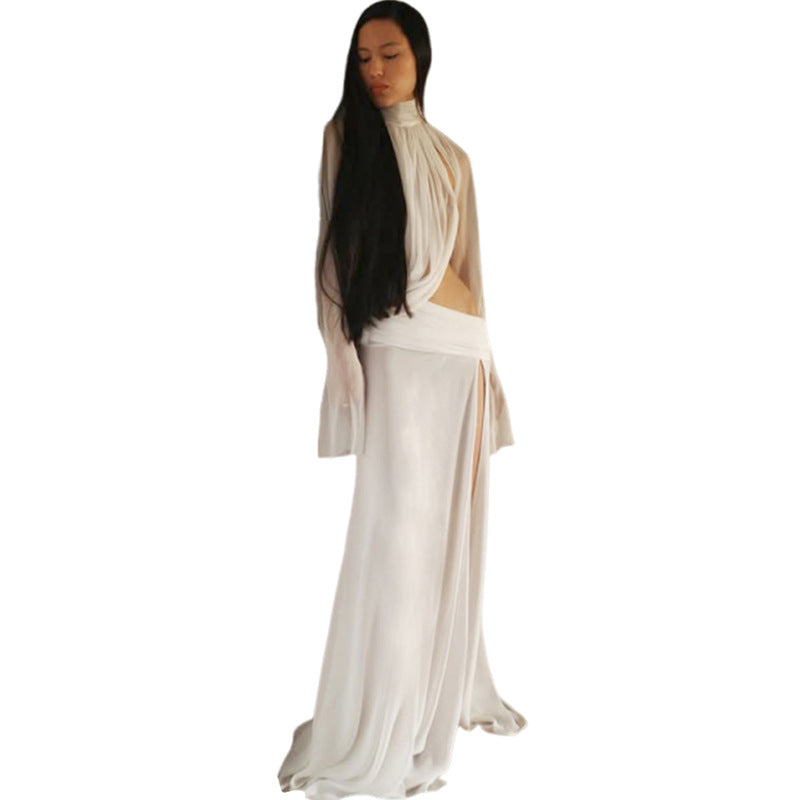 SXR winter see-through turtleneck bell sleeve top split dress suit