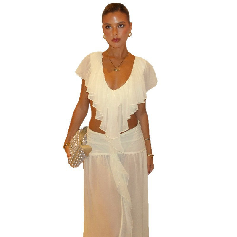 DLS summer solid color chiffon lace-collared blouse slim-fit sheath skirt suit