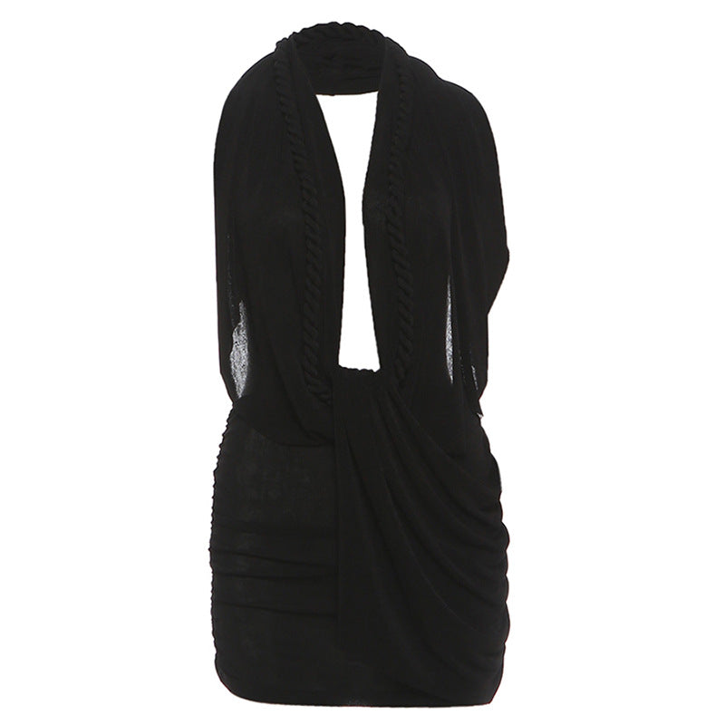 SXR autumn and winter deep V halter backless sheath skirt solid color dress