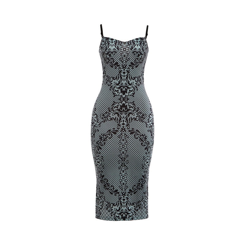 DLS autumn and winter strappy low-cut backless print back slit slim dress