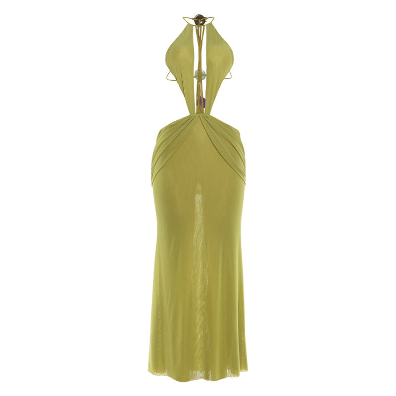 SXR 2026 spring sexy backless halter mesh dress