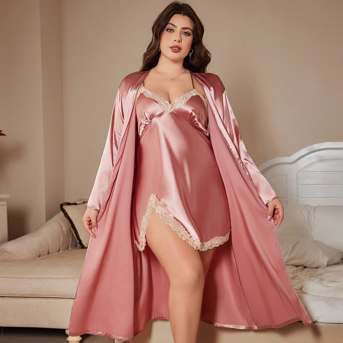 DNL spring ice silk silk pajamas plus size artificial silk camisole outerwear gown