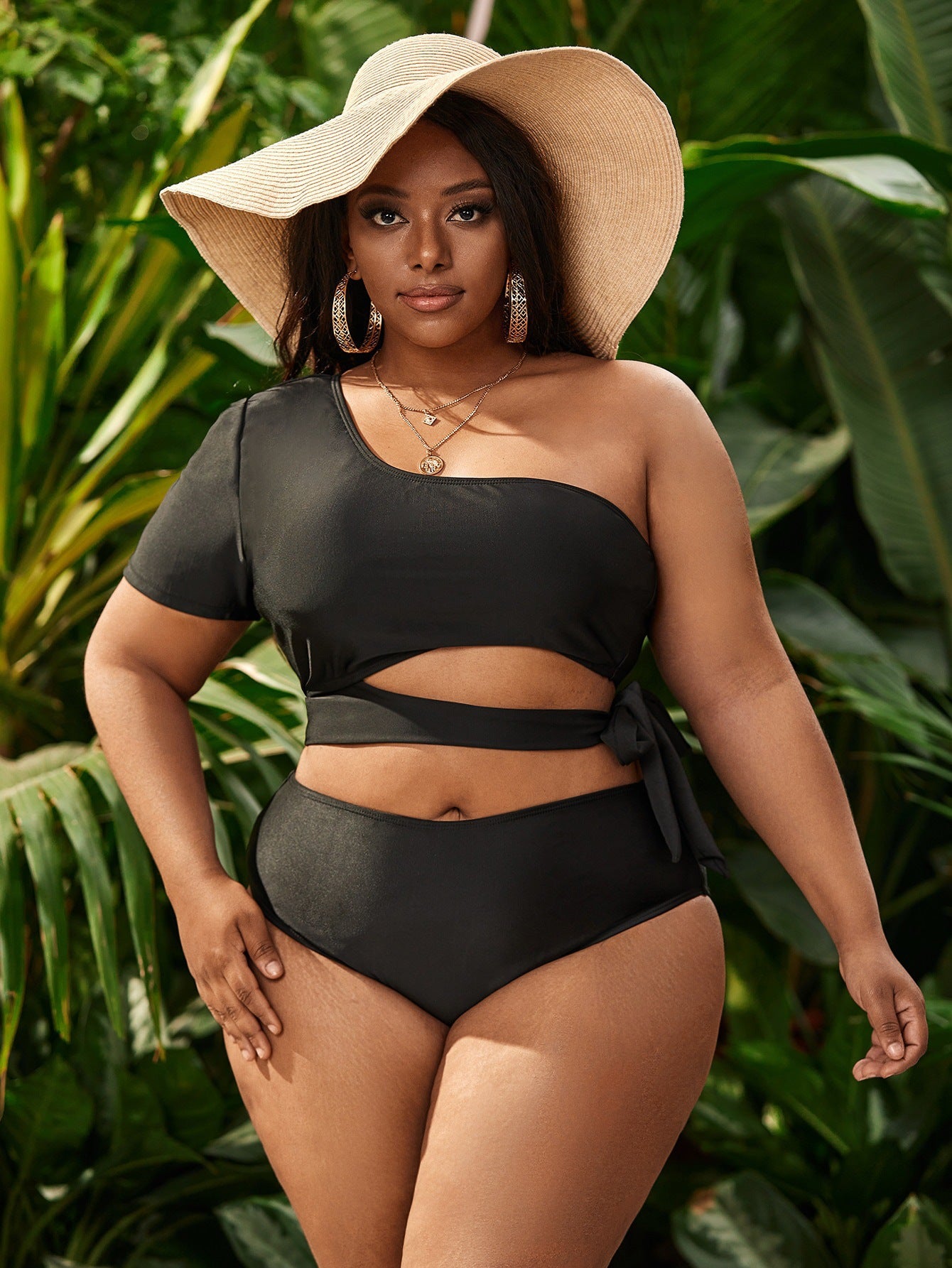 LF (L-4XL) women's split solid color black swimsuit plus size