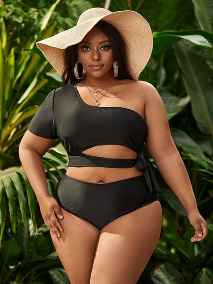 LF (L-4XL) women's split solid color black swimsuit plus size