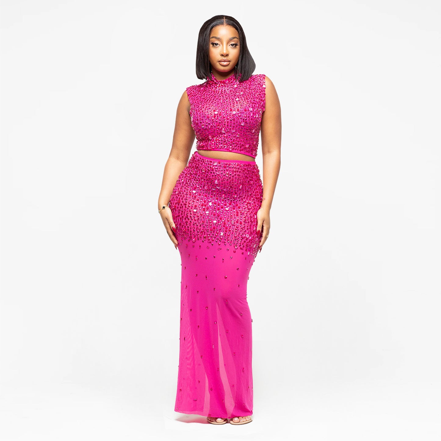 XYZ C7580 sheer mesh rhinestone dress two-piece set